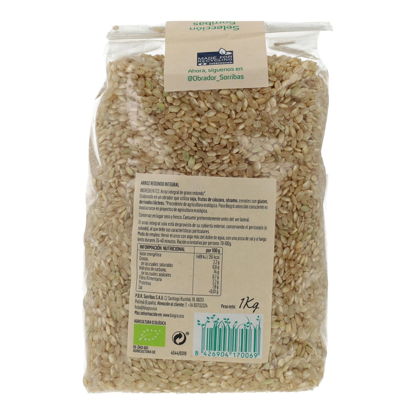 Arroz integral de grão redondo Biográ, 1 kg