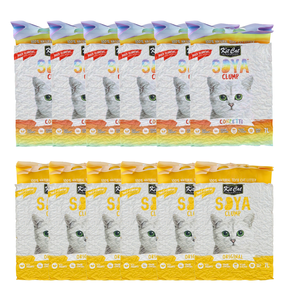 Kit Cat SoyaClump Pack Ahorro 12 (6 Original y 6 Confetti) 7 L Arena Vegetal para gatos
