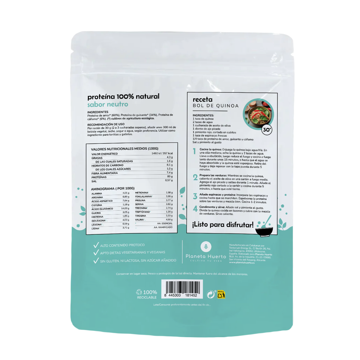 Proteína Vegetal Neutra ECO 80% Planeta Huerto 500 g