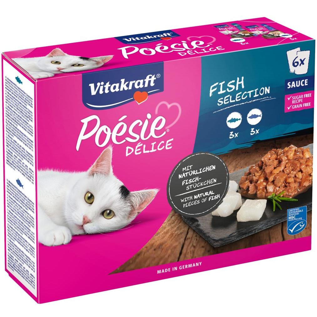Vitakraft MULTIPACK Poésie Deli Sauce peixe 6 x 85 g (3 unidades de pollock + 3 unidades de bacalhau) comida húmida para gatos