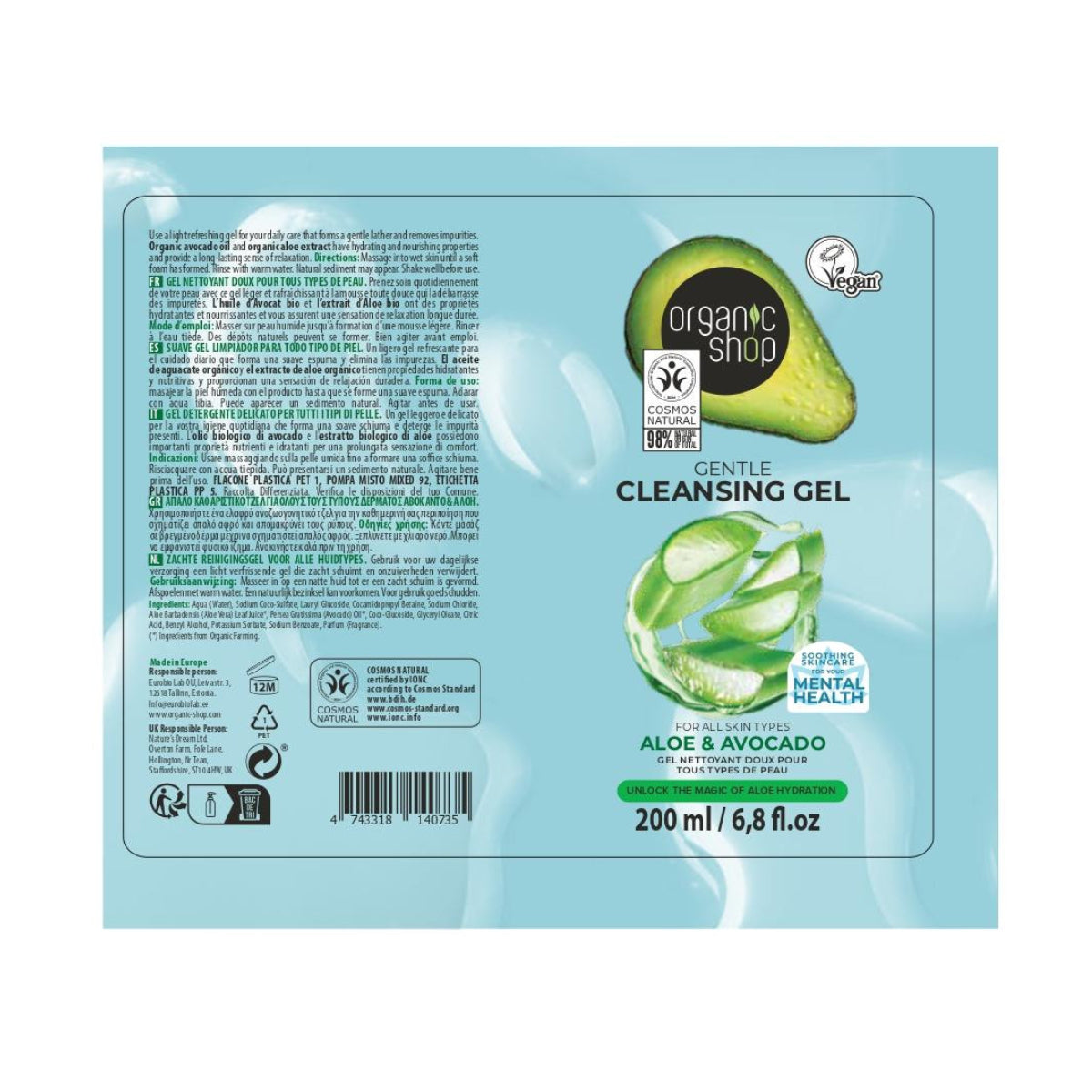 Gel de Limpeza Suave Organic Shop Aloe e Abacate 200 ml
