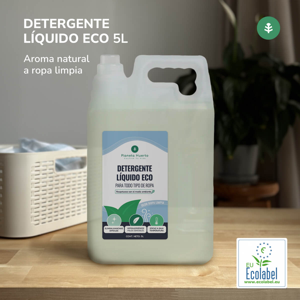 Detergente líquido para roupa Planeta Huerto Eco com aroma natural de roupa lavada, 5 litros