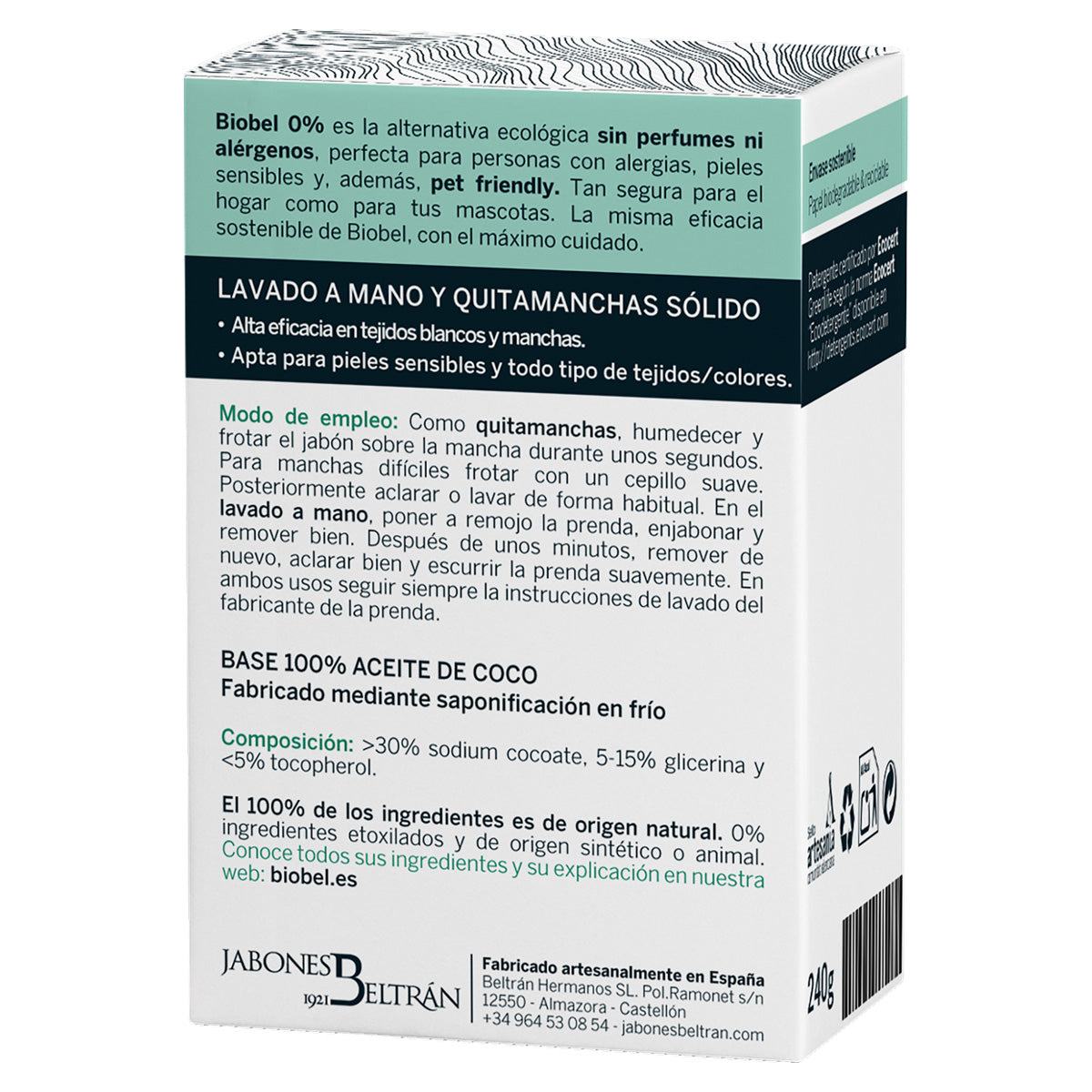 Sabonete em barra Biobel 0% Coco 240g