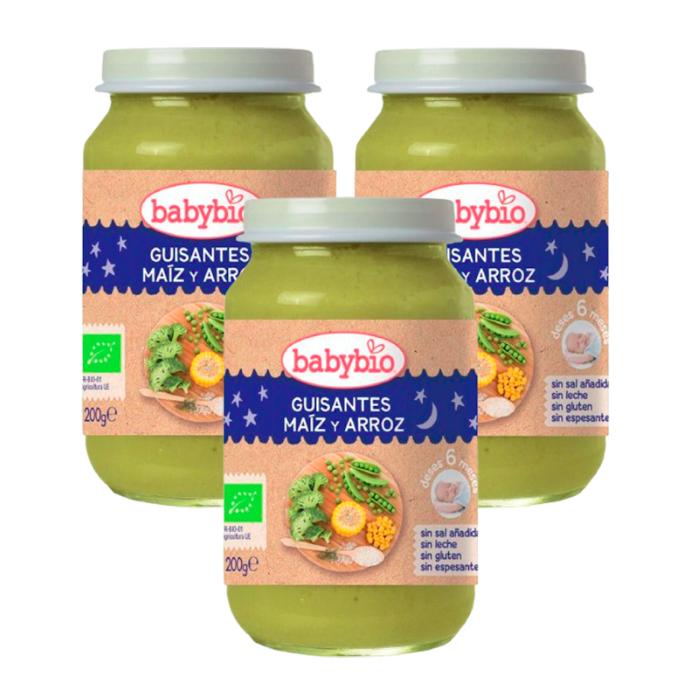 Embalagem Promocional 3x Pote Boa Noite Ervilhas, Milho e Arroz, 200 g. Babybio