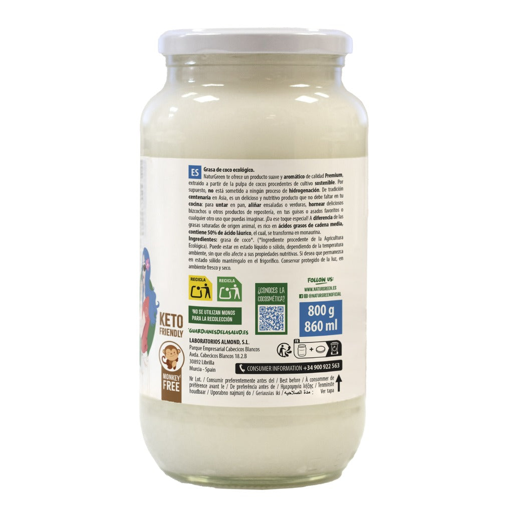 Embalagem de 2 x Óleo de Coco Virgem Cru Biológico, NaturGreen, 800 g