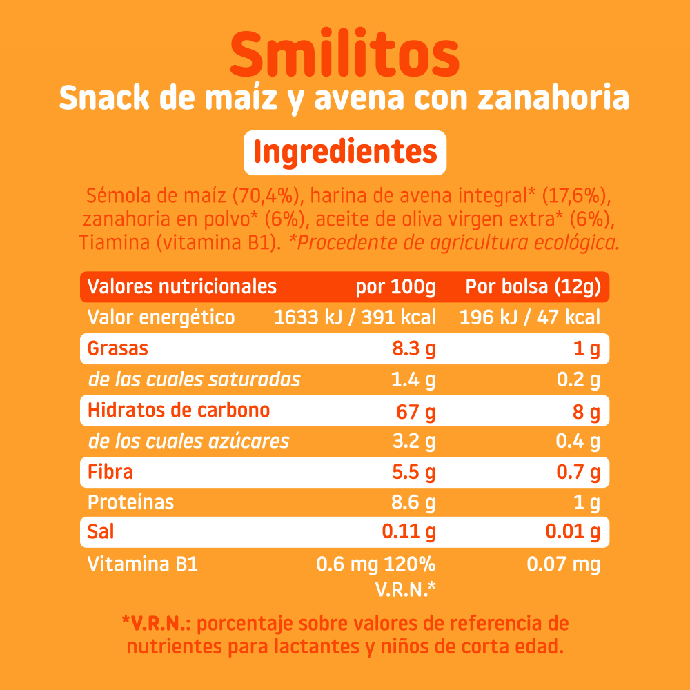 Smilito Milho, Aveia e Cenoura Multipack ECO Smileat 4 saquetas de 12g.