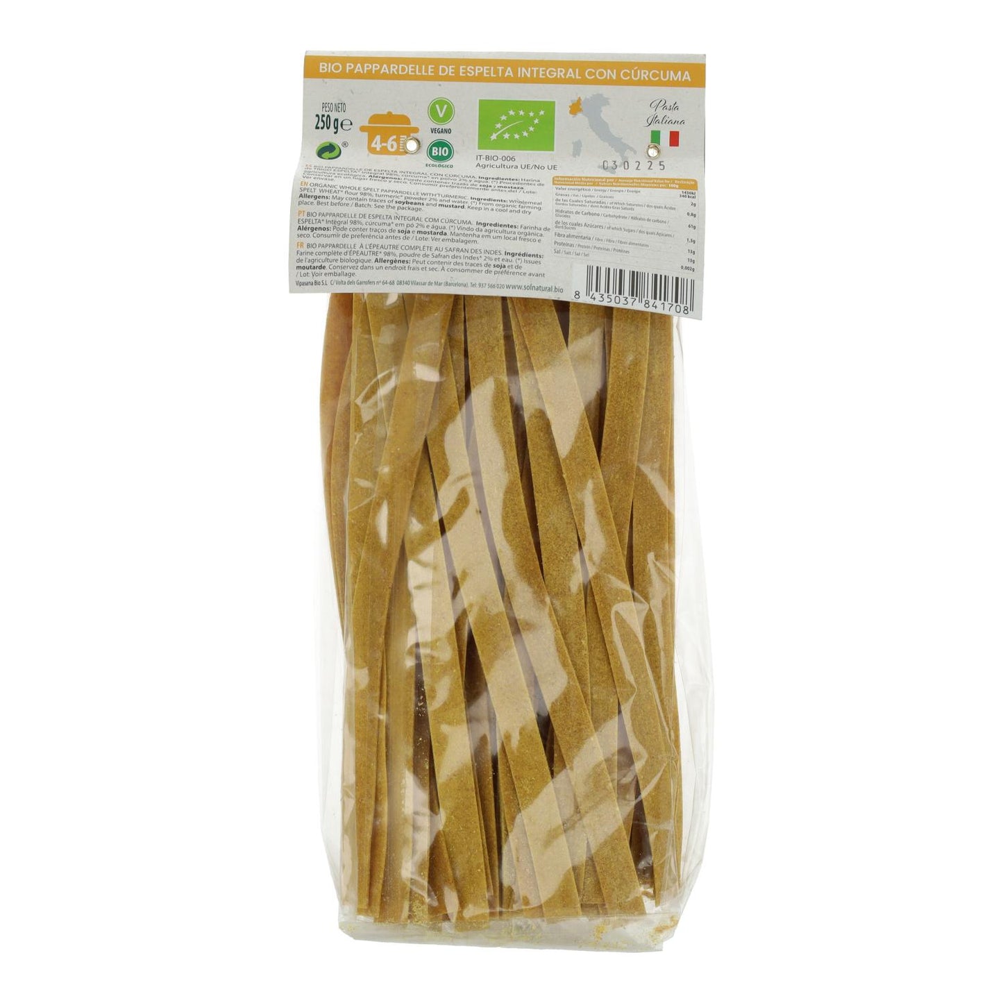Parpadelle de Espelta Integral com Cúrcuma Orgânica Sol Natural 250g