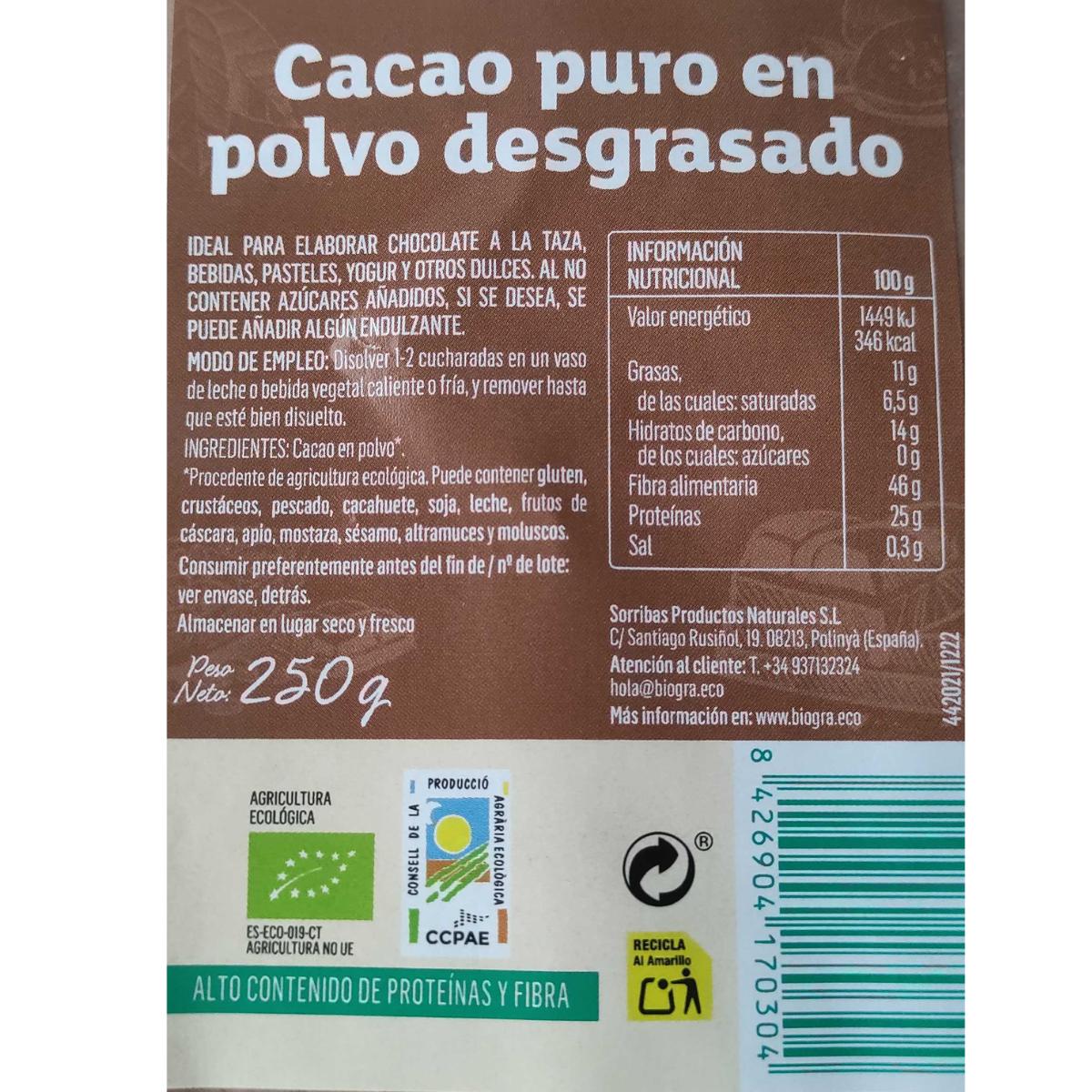 Biográ cacau em pó biológico desengordurado puro 250 g