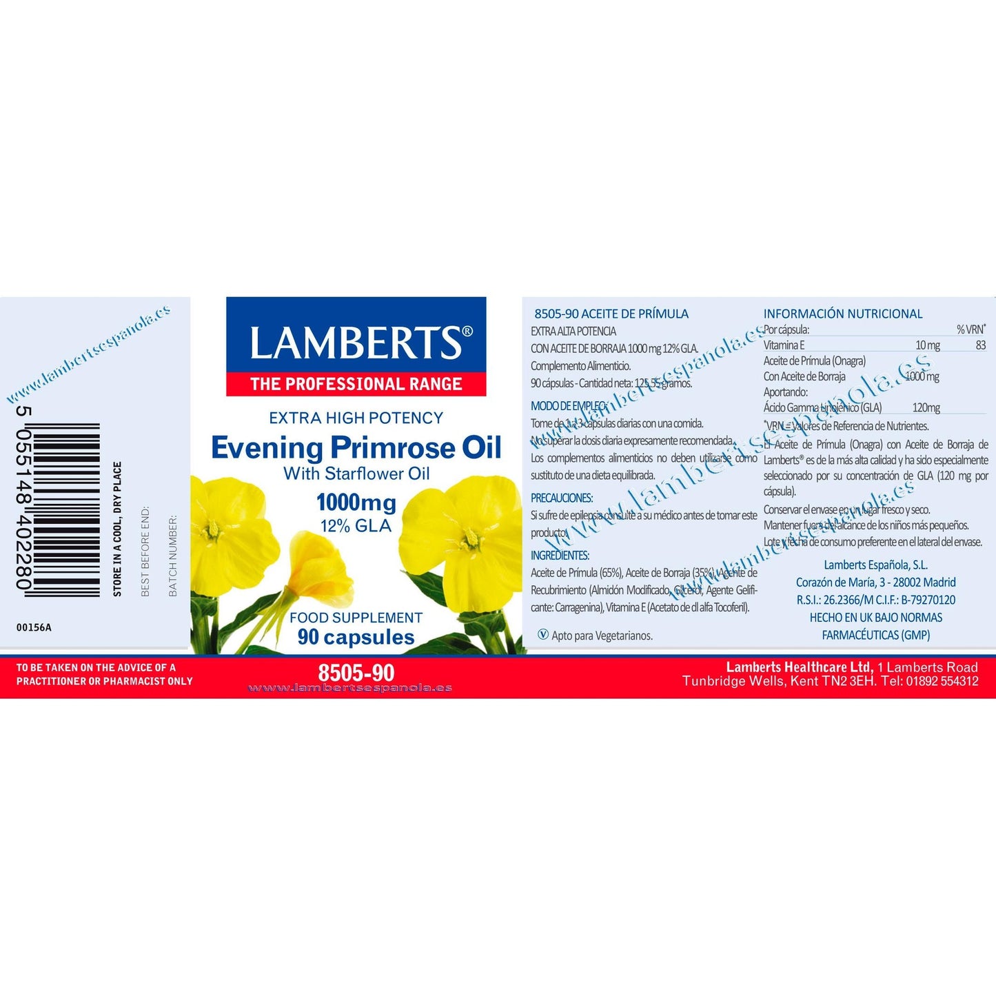 Óleo de Onagra Lamberts com Borragem 90 cápsulas