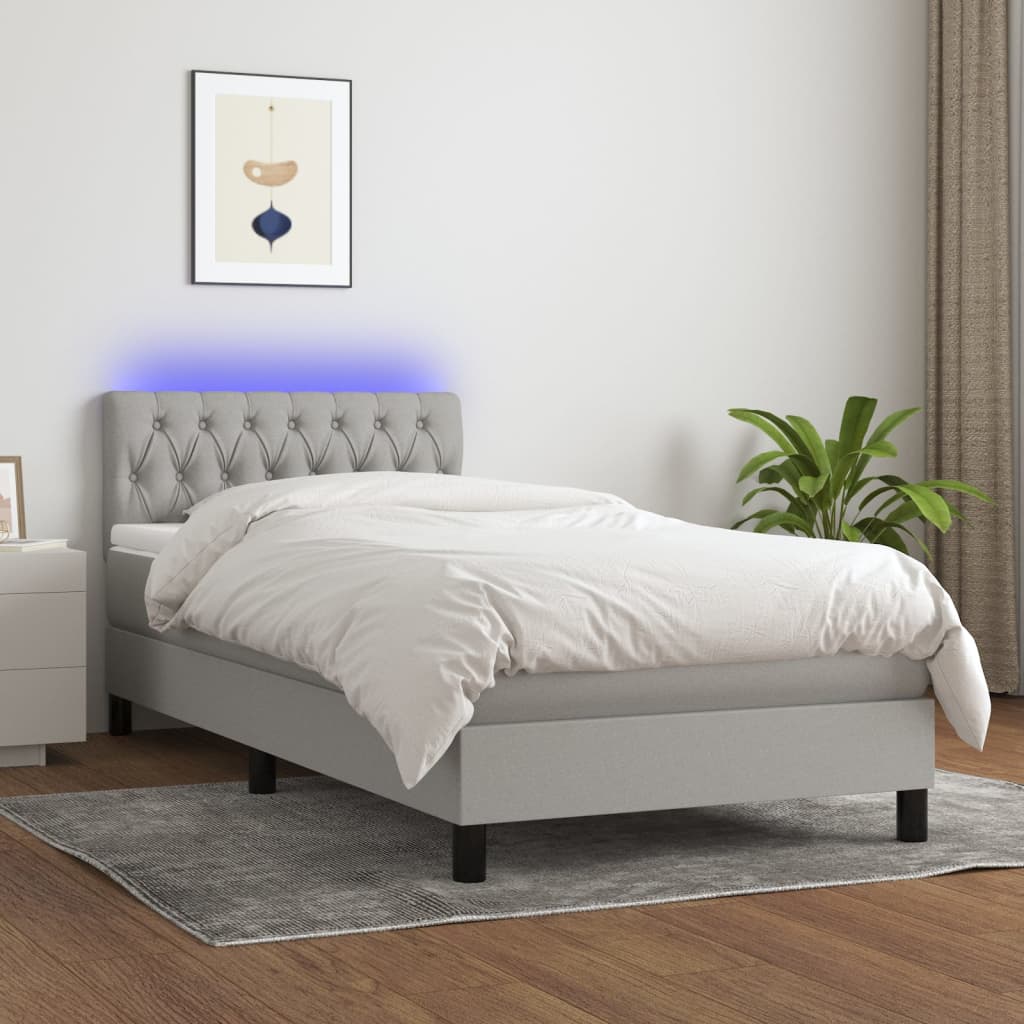 Cama Box Spring Colchón Y Luces Led Tela Gris Claro 100x200 Cm / Vetonek_5