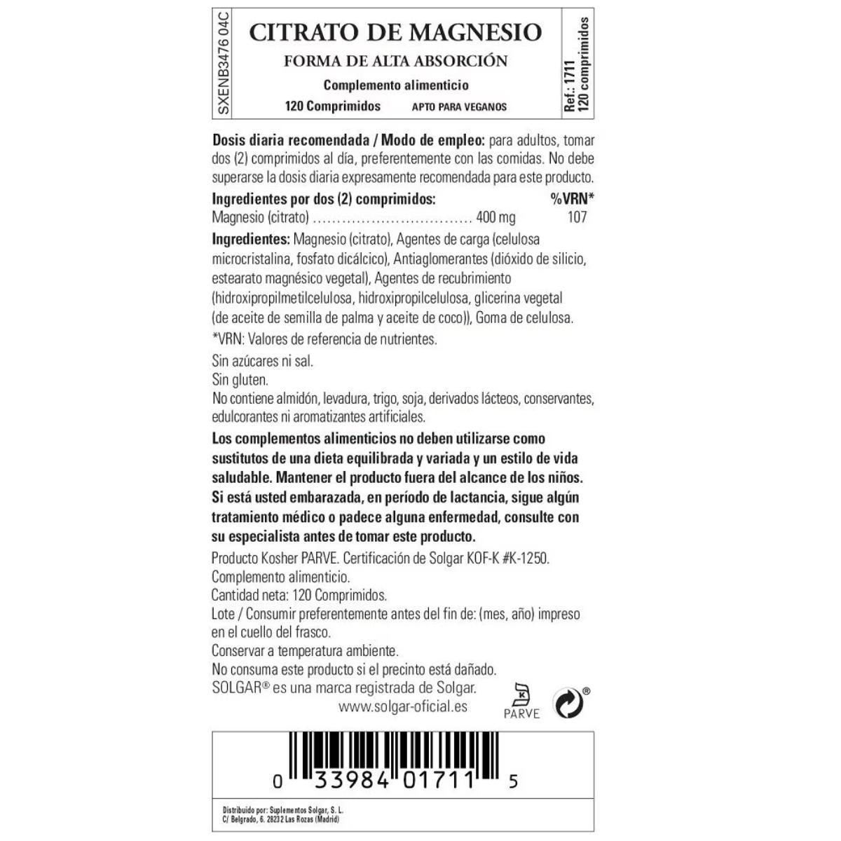 Embalagem de 2 comprimidos de Citrato de Magnésio 120 Solgar