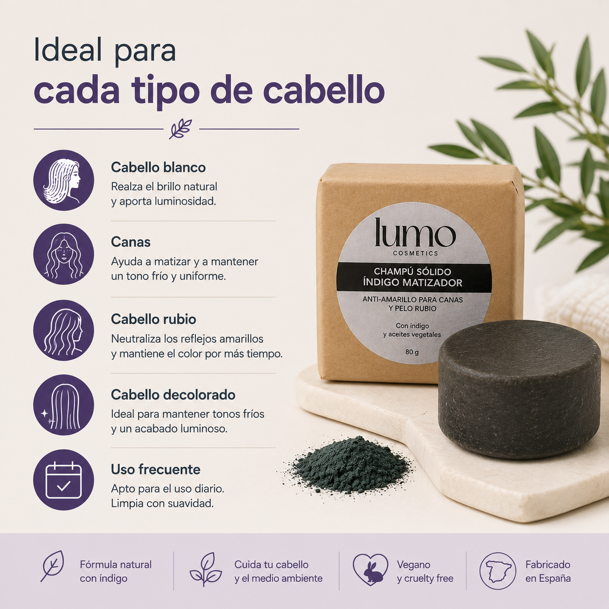 Champú Sólido Índigo 80 g | Matizador Antiamarillo para Canas y Cabello Rubio_4