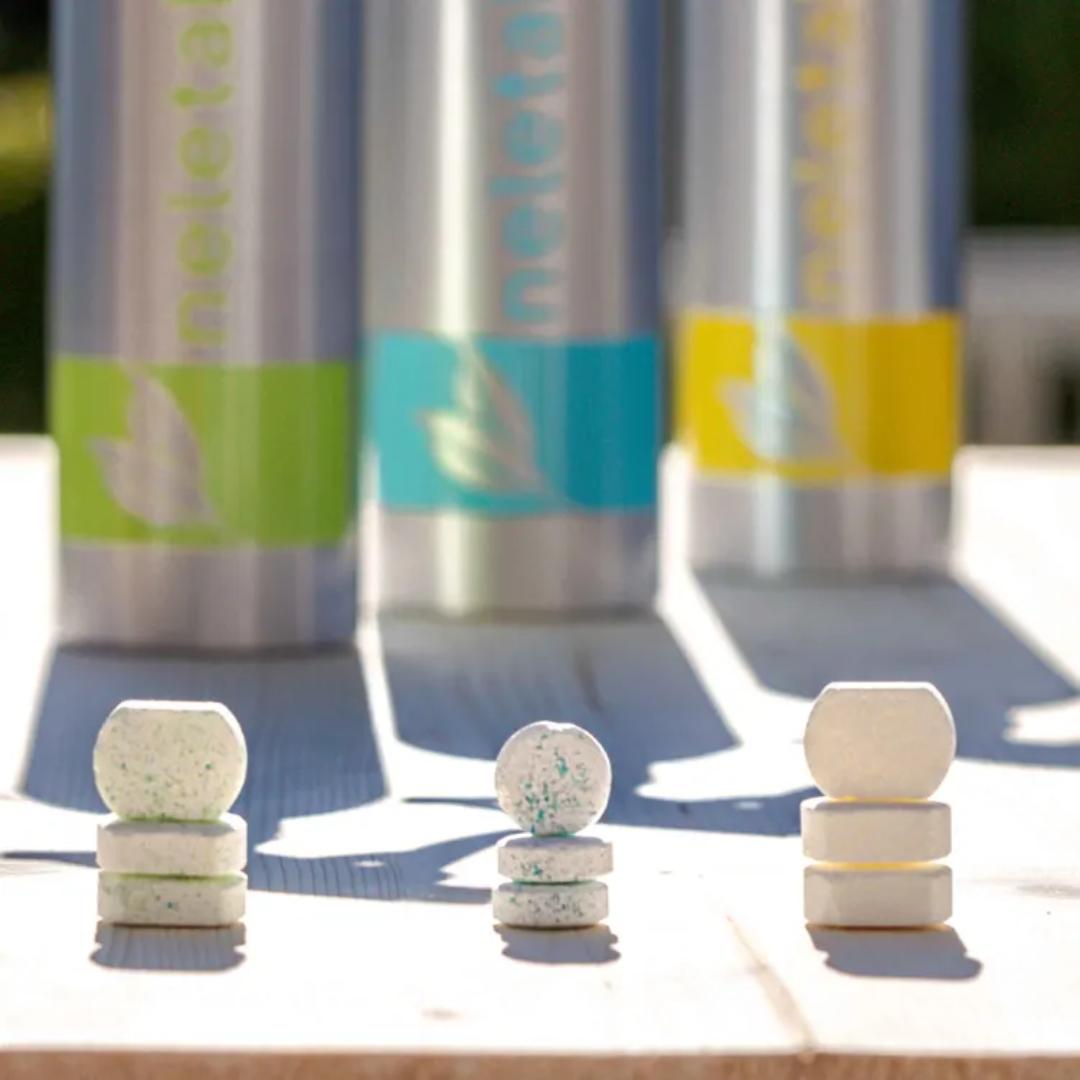 Embalagem inicial 3 frascos + 3 comprimidos Neletab para várias superfícies, vidros e casas de banho