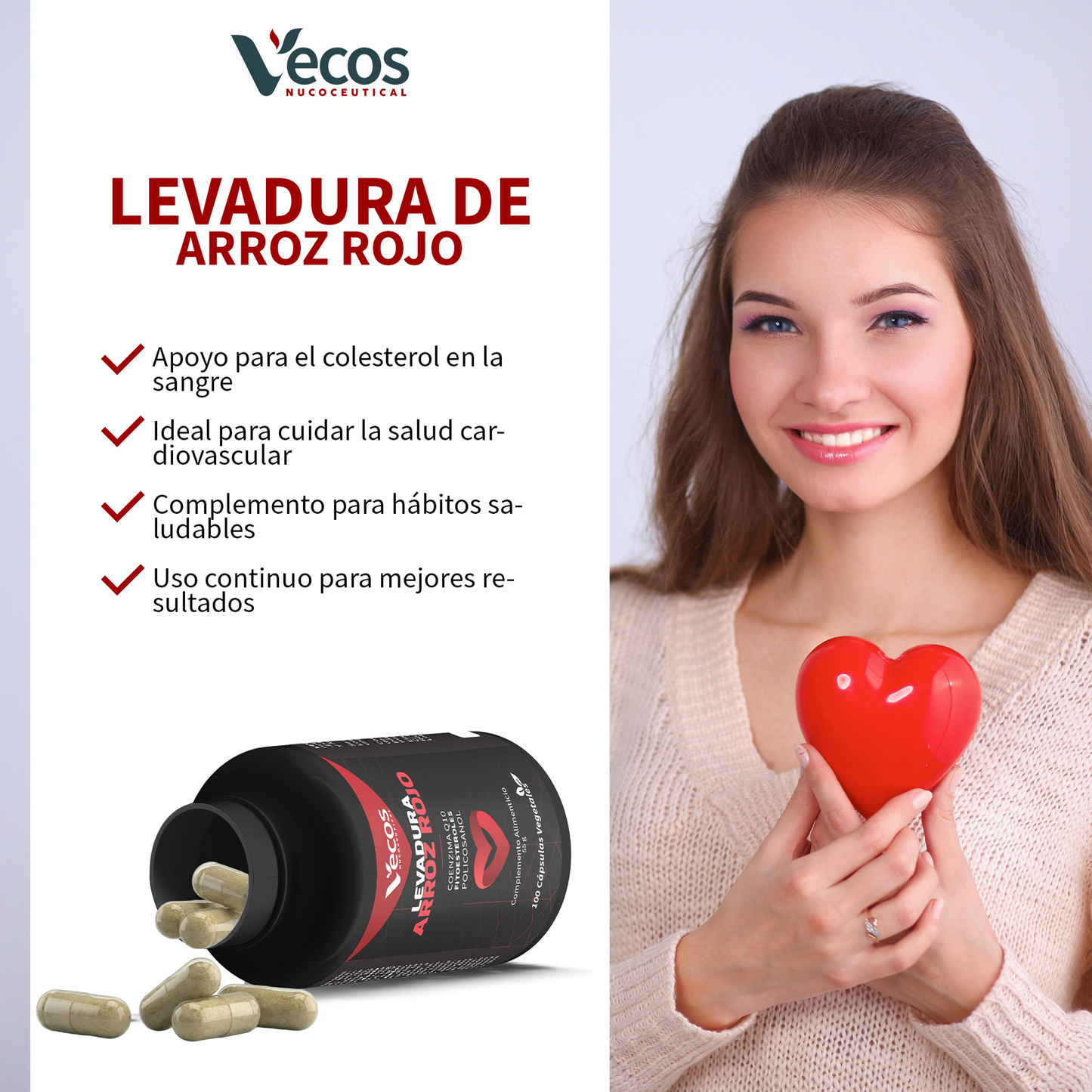 Levadura de Arroz Rojo + Q10 VECOS 100 cápsulas | Control de Colesterol y de Corazón | Con Fitoesteroles y Policosanol_3