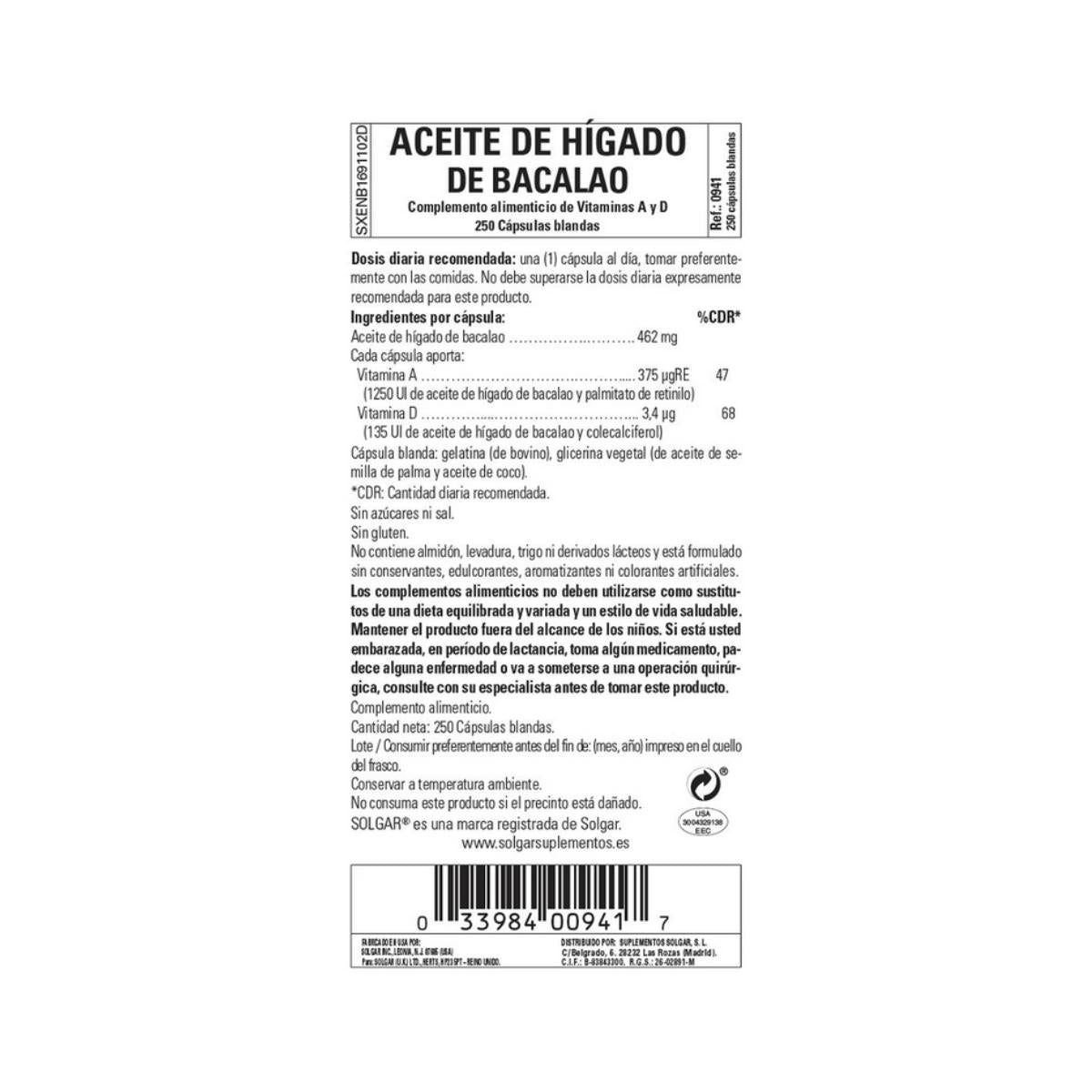 Óleo de fígado de bacalhau Solgar 100 cápsulas