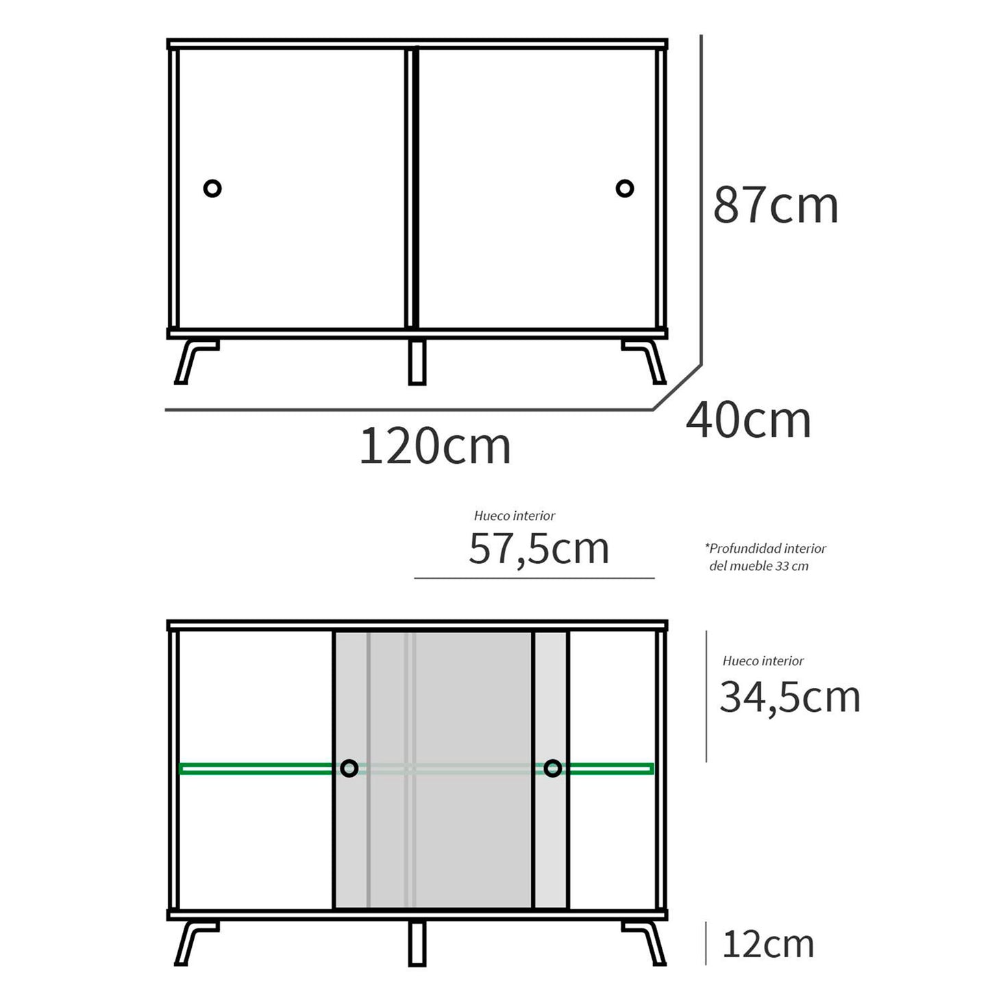 Aparador, Mueble Salón Auxiliar, Buffet, 2 Puertas Correderas 87x120x40 Cm Recibidor Moderno, Briebe, Lys, Blanco_4