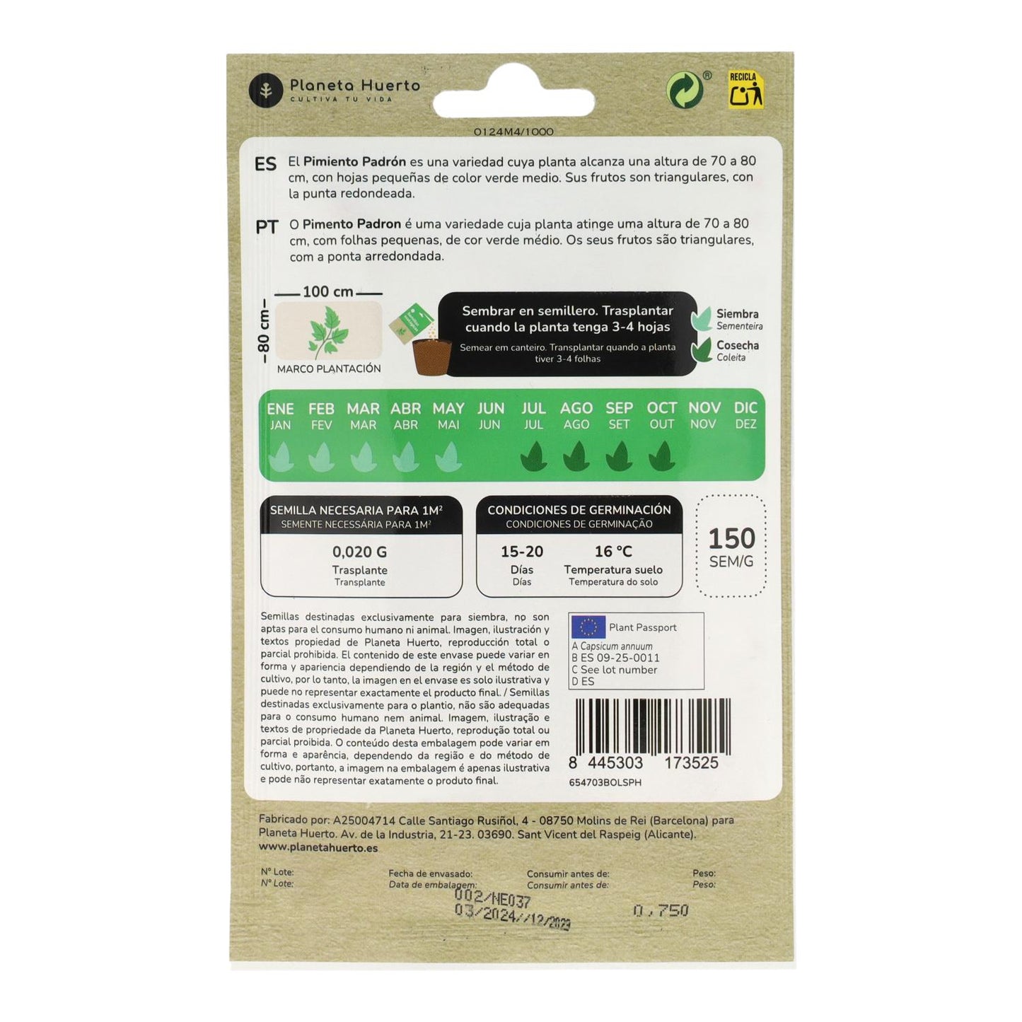 Sementes de Pimento Padrón Biológicas do Planeta Huerto