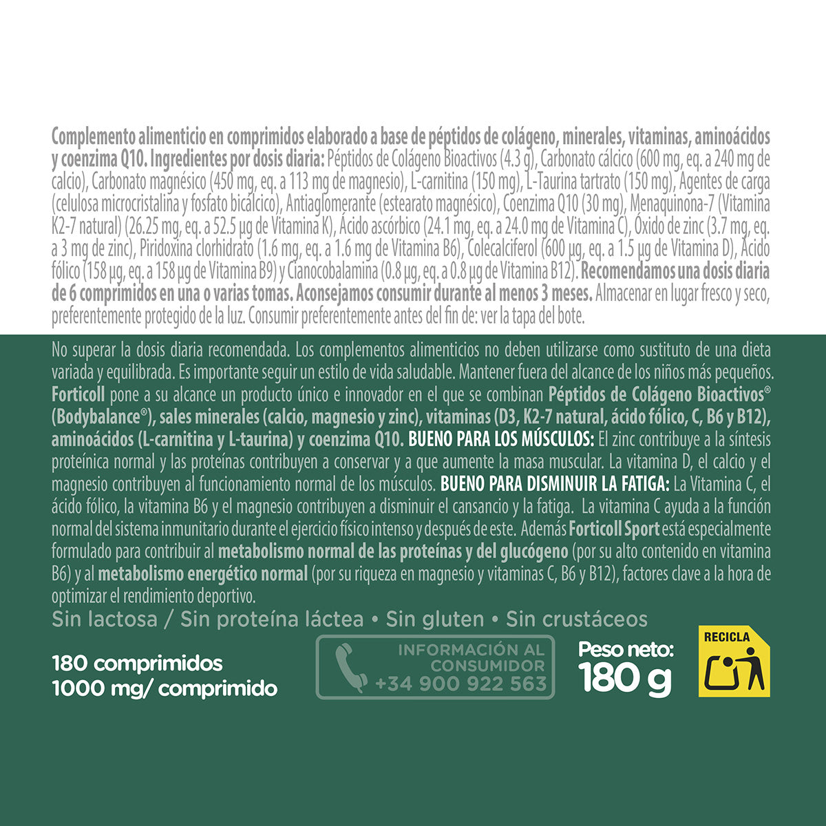 Colagénio Bioativo Sport Forticoll, 180 comprimidos