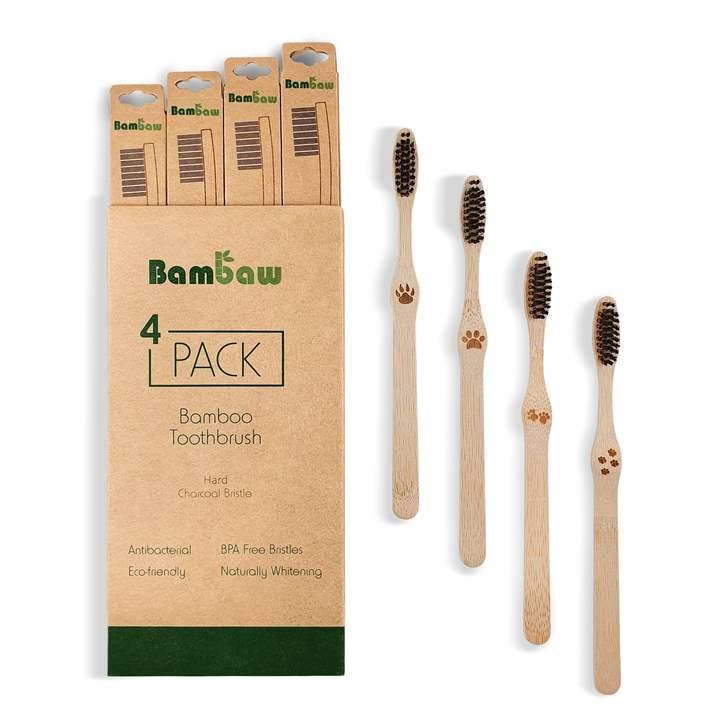 Embalagem de 4 escovas de dentes Bambaw, cerdas duras de carvão