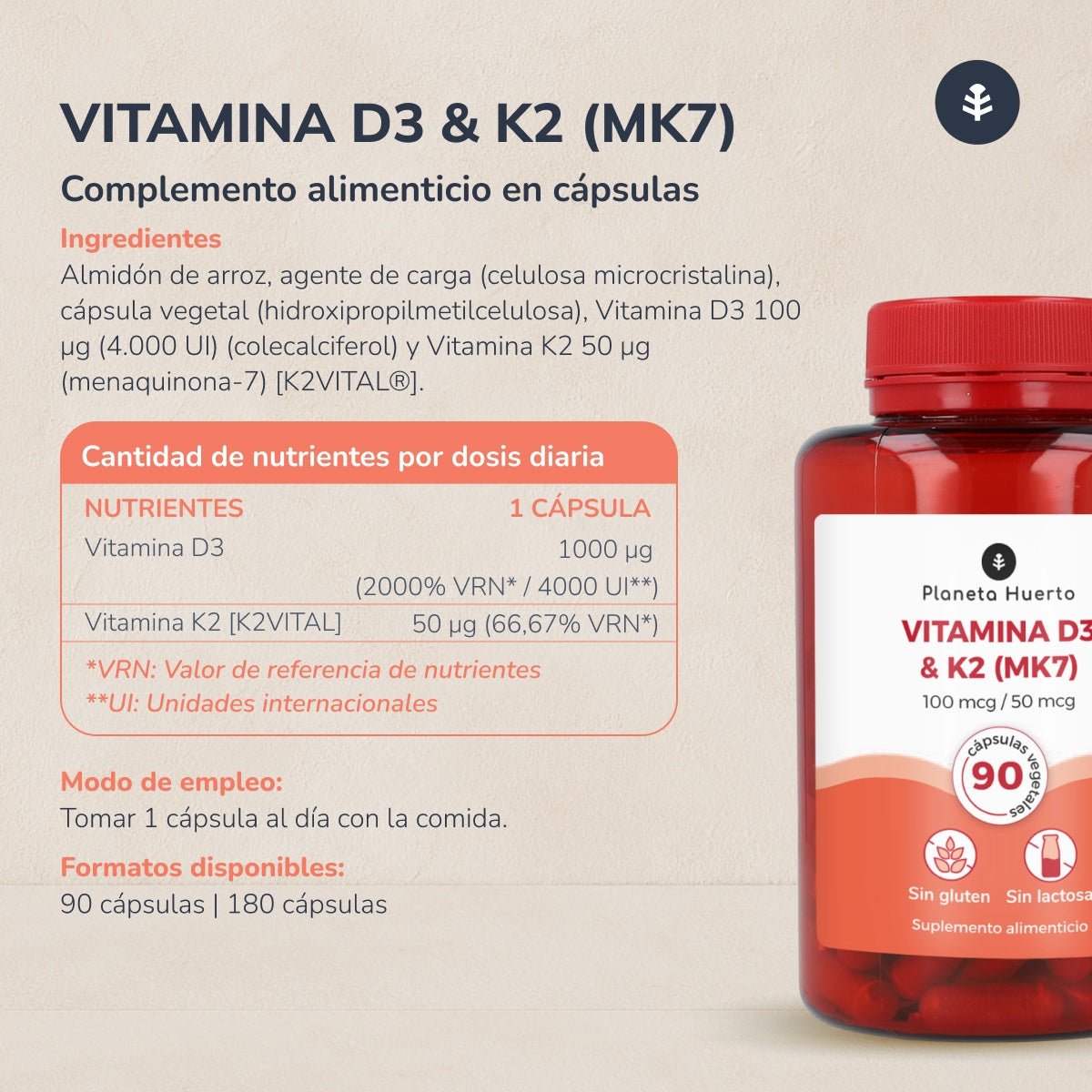 Vitamina D3 e K2 (Mk7) Planeta Huerto 90 Cápsulas