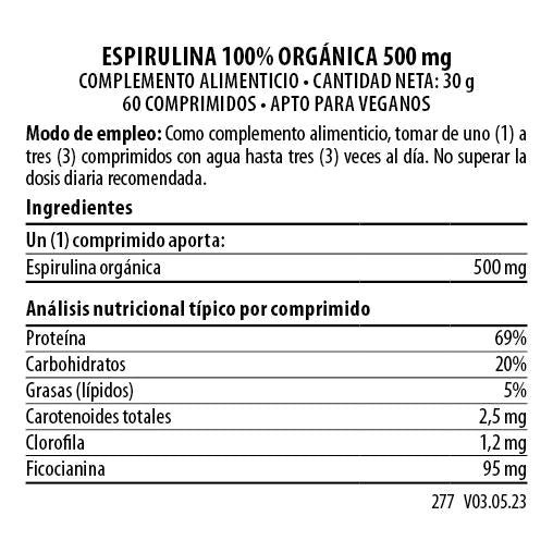 100% Spirulina Biológica 500 mg 60 cápsulas