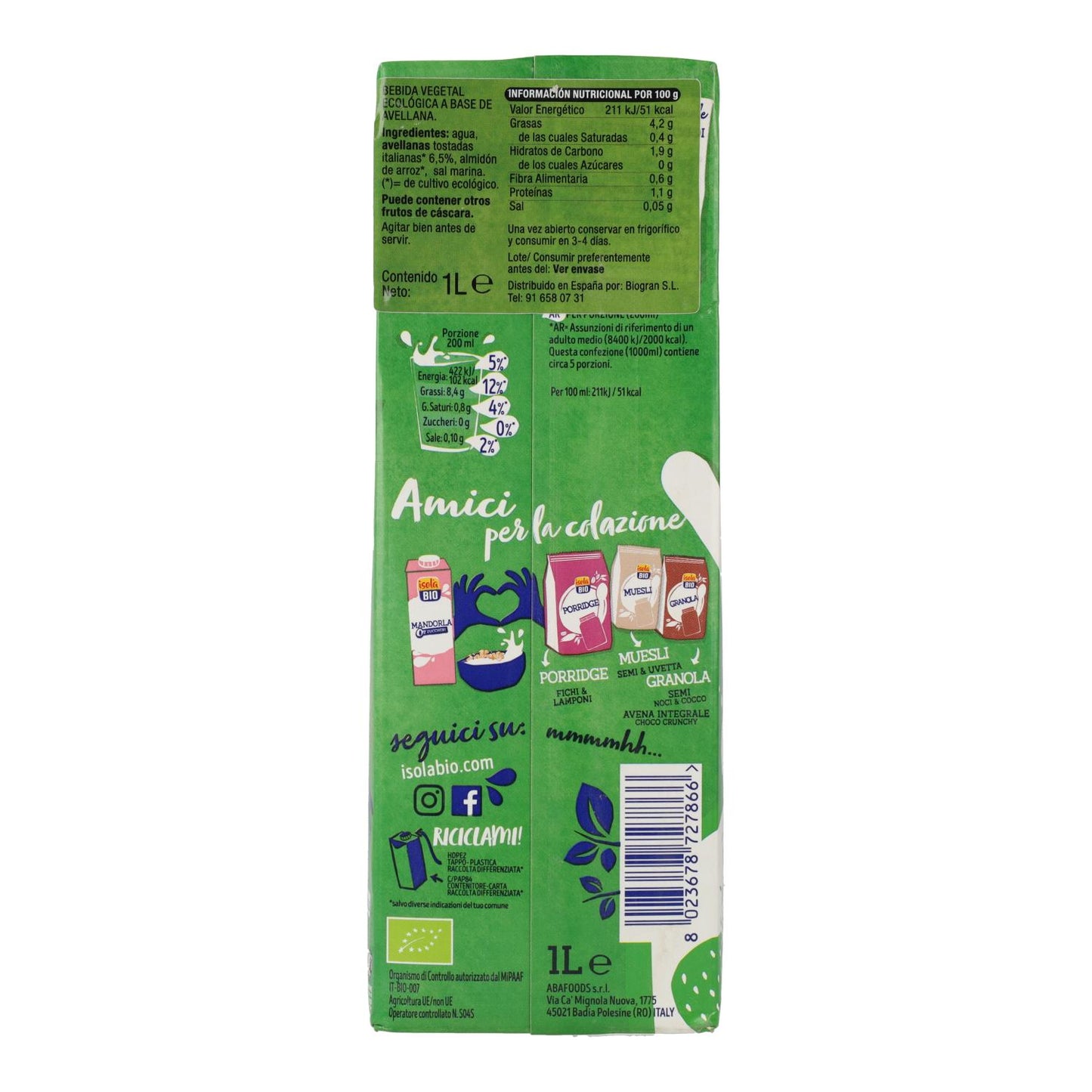 Bebida de Avelã Isola Bio BIO 1 L