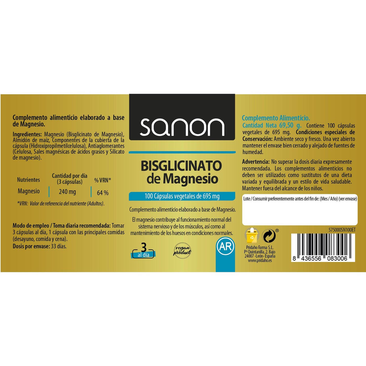 Bisglicinato de Magnésio SANON 100 cápsulas vegetais 550 mg