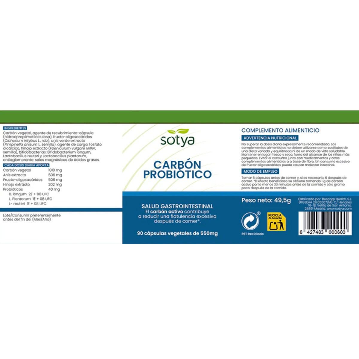 Sotya Probiótico Carvão Vegetal 90 Cápsulas de 550mg