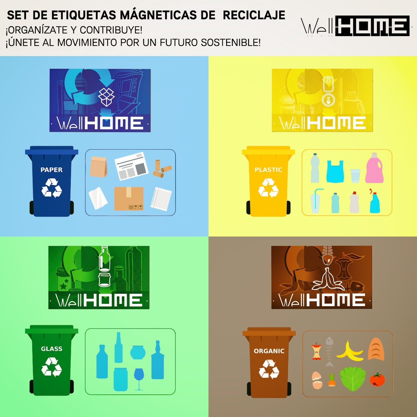 Set De 4 Etiquetas Magnéticas Para Reciclaje, En Pvc, Mate - Full-color - De 80mm X 50mm