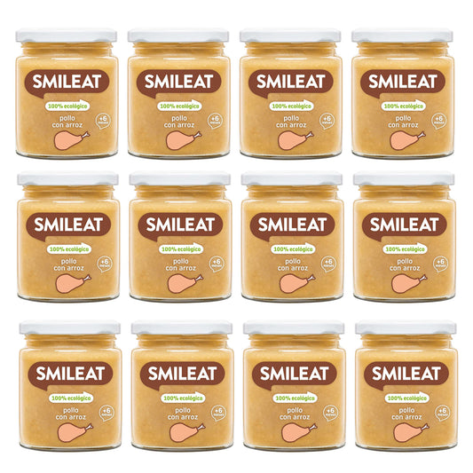Embalagem de 12 frascos dourados de frango biológico com arroz + 6 meses Smileat, 230g