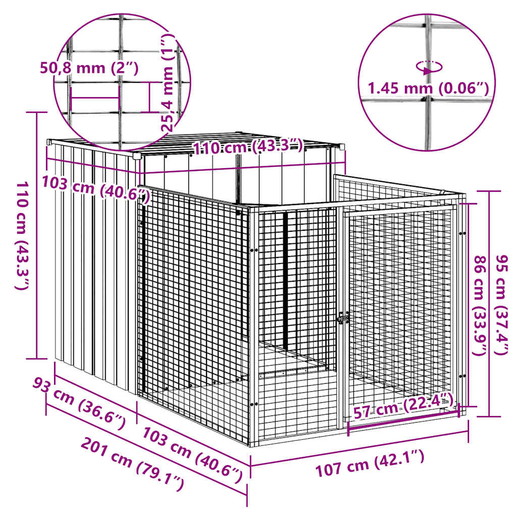 Caseta Perros Con Corral Acero Galvanizado Gris 110x201x110 Cm_4