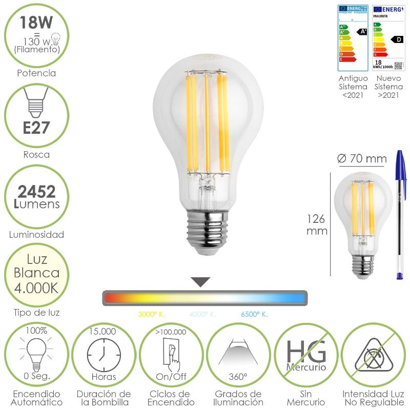 Bombilla Led Filamento Standar Rosca E27. 18 Watt. Equivale A 130 Watt. 2462 Lumenes. Luz Neutra 4000º K._0