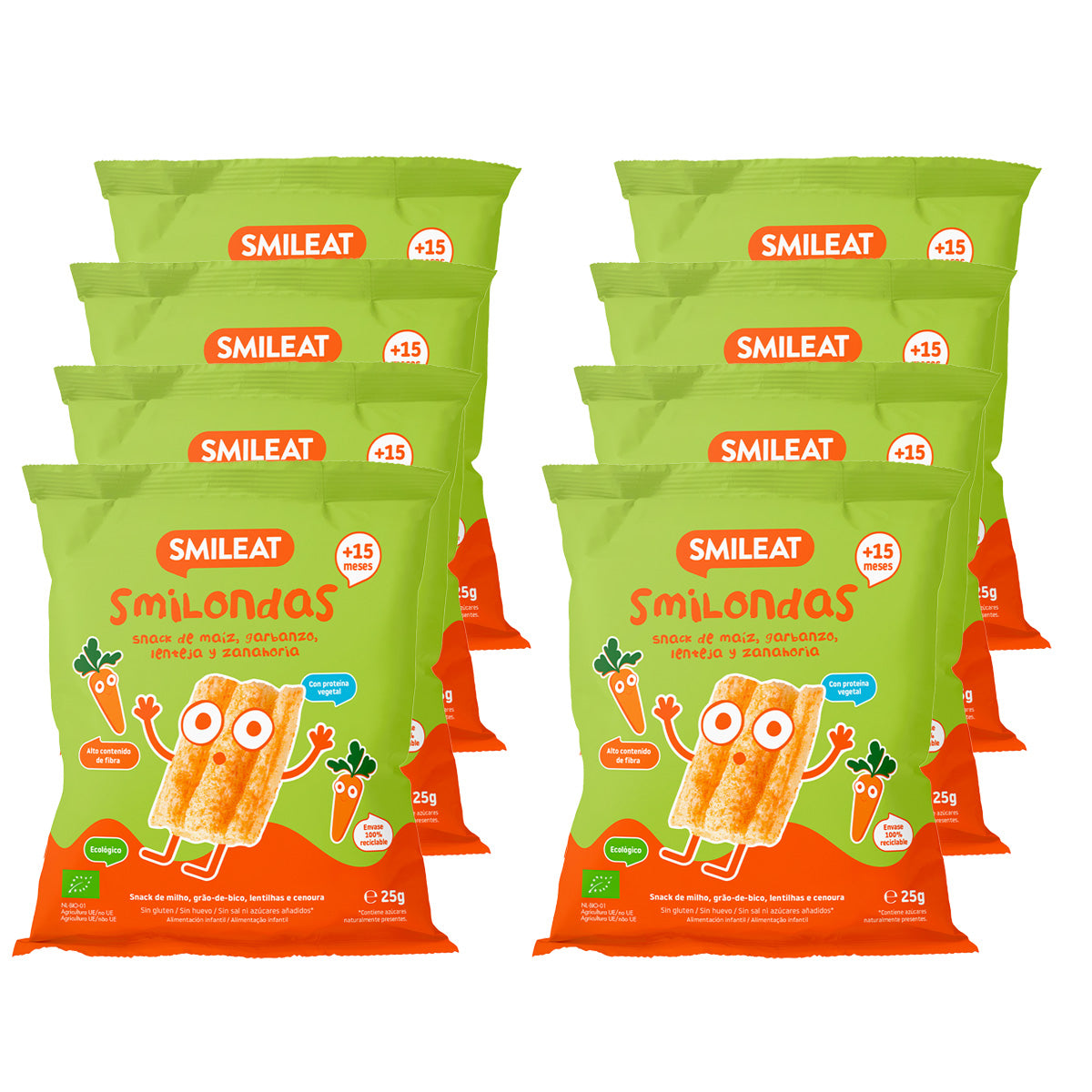 Pack de 8 Snacks Smilondas feitos de milho, grão-de-bico, lentilhas e cenouras biológicas, Smileat, 25 g