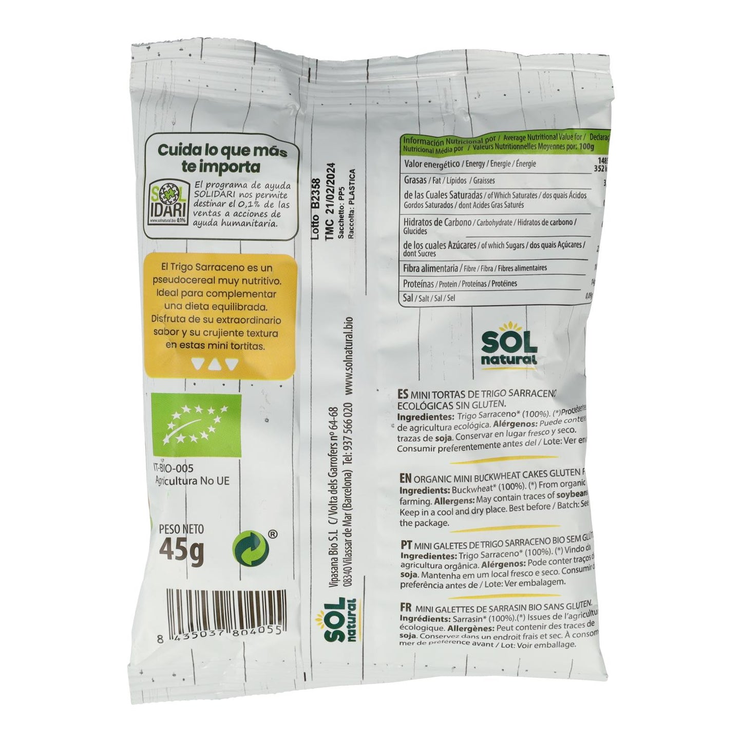 Mini panquecas biológicas de trigo sarraceno sem glúten Sol Natural 45 g