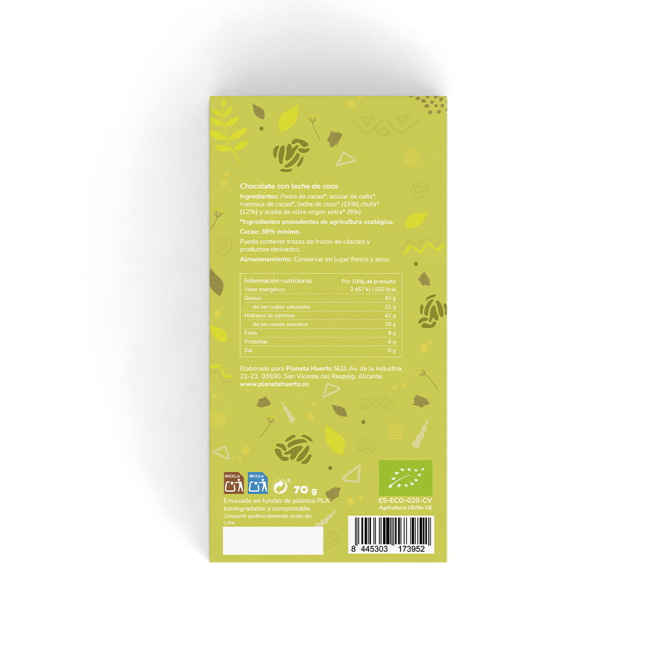 Barra de Chocolate Vegan de Leite de Coco 38% ECO Planeta Huerto 70g