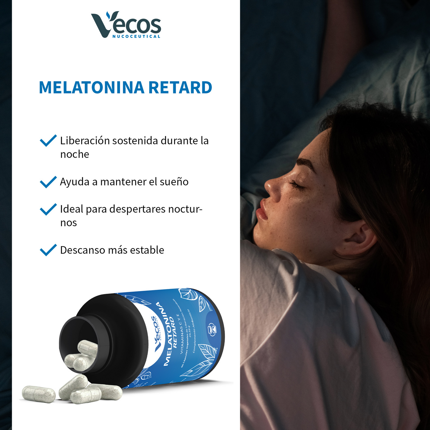 Melatonina Reforzada 1,9 mg VECOS (60 cápsulas) | Descanso profundo | Con Vitaminas C y E_3