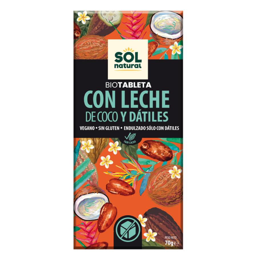 Barra de Chocolate Vegan com Leite de Coco e Tâmaras Biológicas Sol Natural 70 g