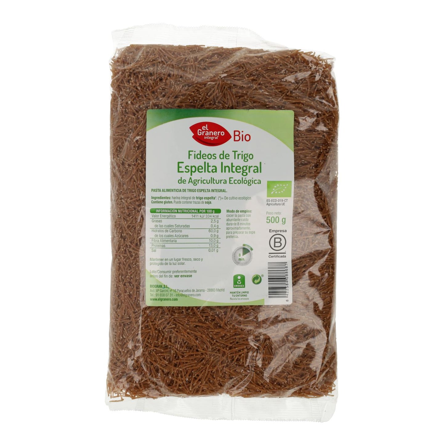 Noodles finos de espelta integral El Granero, 500 g