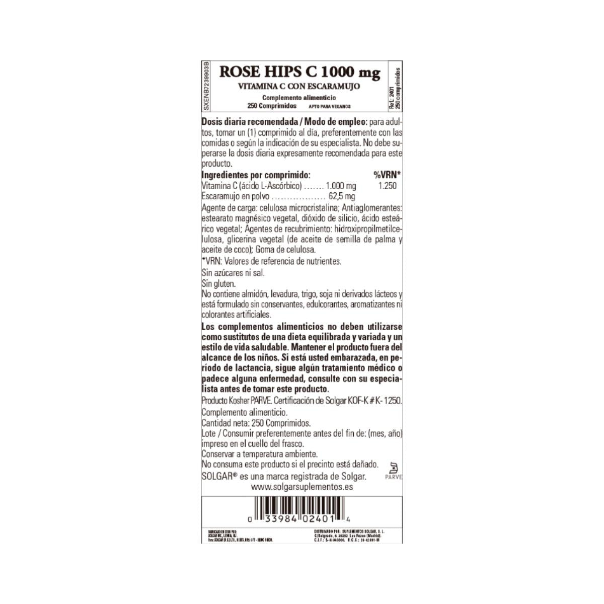 Vitamina C de Rosa Mosqueta, 250 comprimidos de 1000 mg