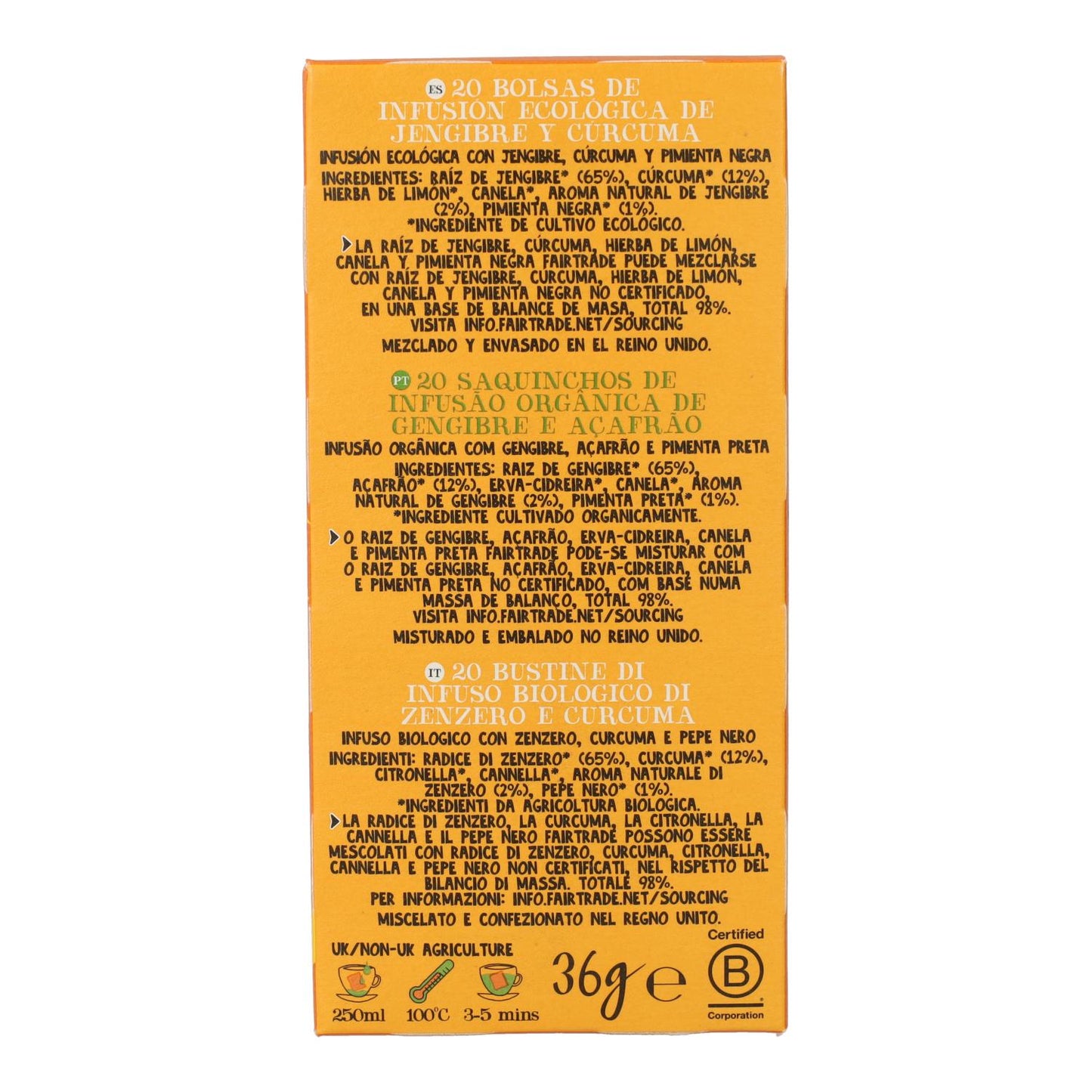 Infusão biológica de gengibre e curcuma em saquetas (20 saquetas)