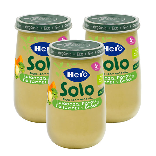 Embalagem de 3 frascos de abóbora, batata, ervilha e brócolos, biológico, 190 g - Hero Solo