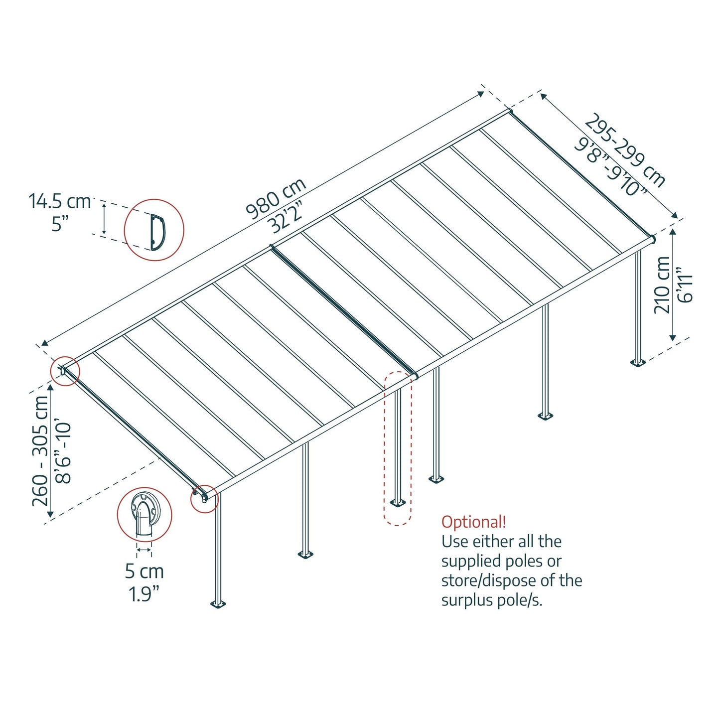 Pérgola anexa Sierra 299x980 cm cinzento