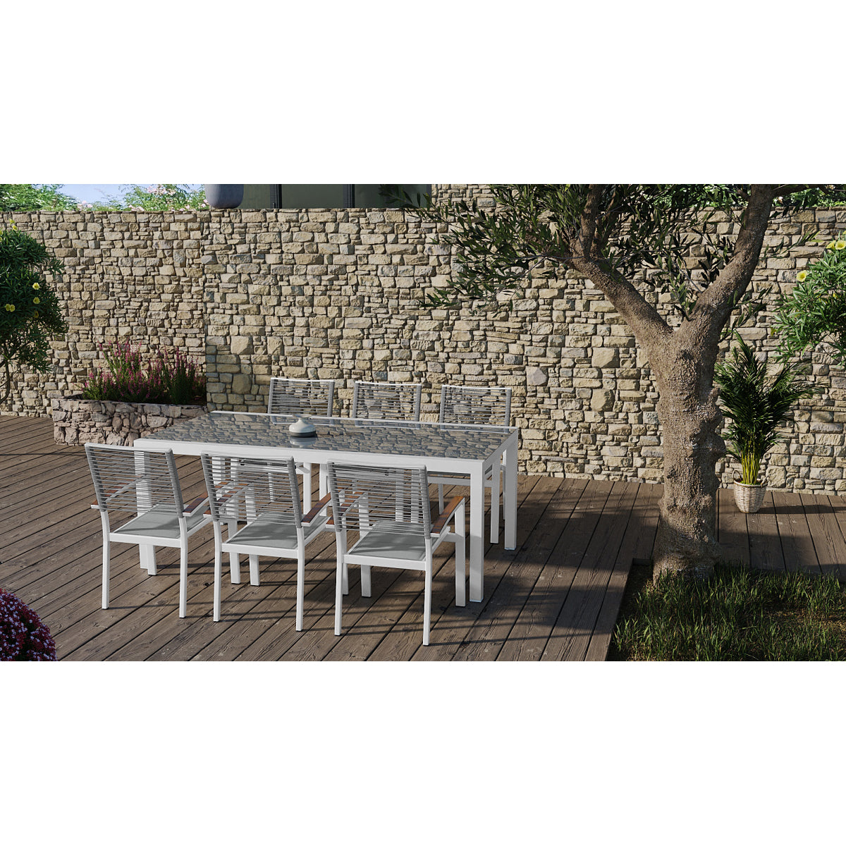 Magnolia Conjunto De Comedor De Exterior 6 Sillones + 1 Mesa De Cristal, Acero Y Texaline_4