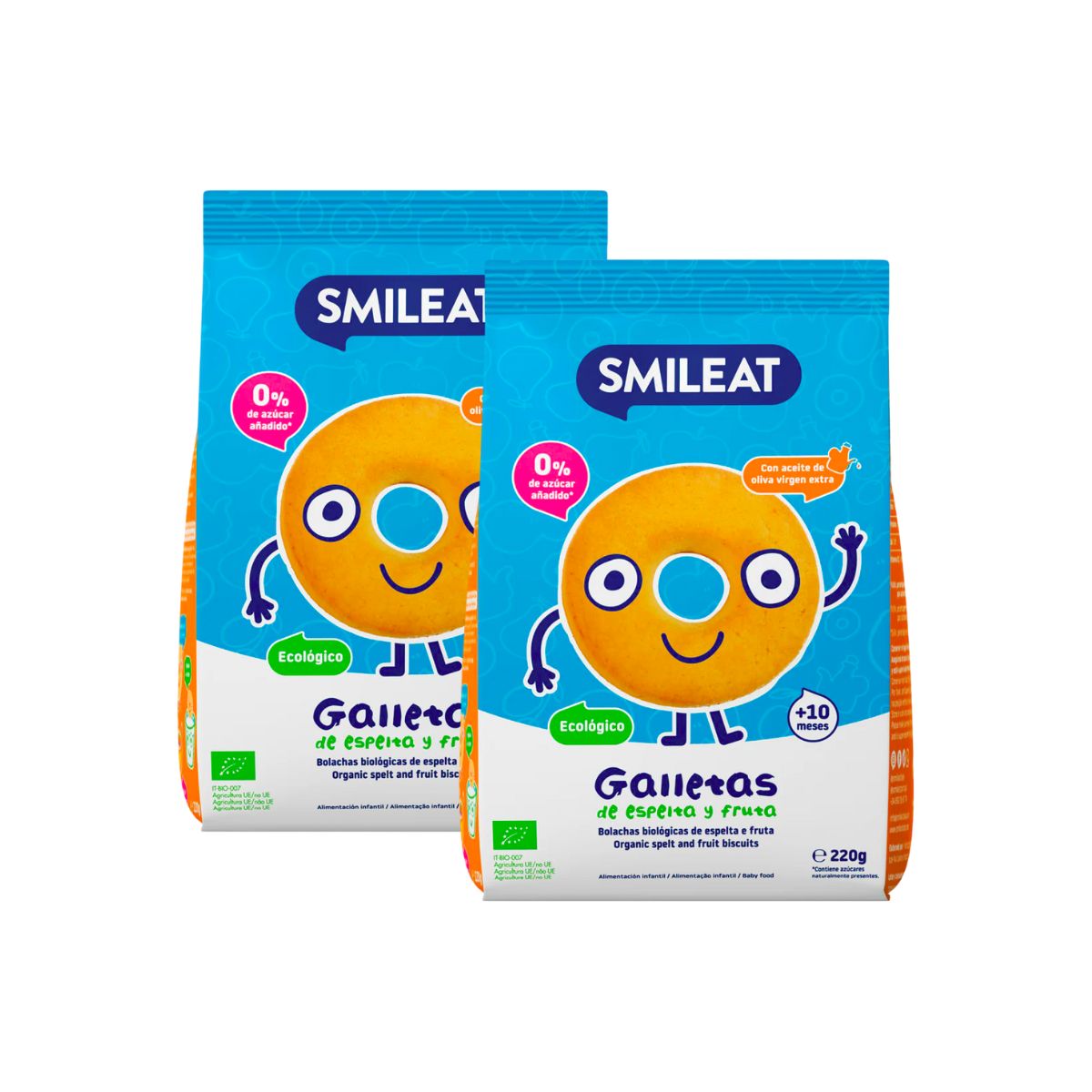 Pack promocional de 2 bolachas de espelta infantil Smileat ECO com maçã, 220g