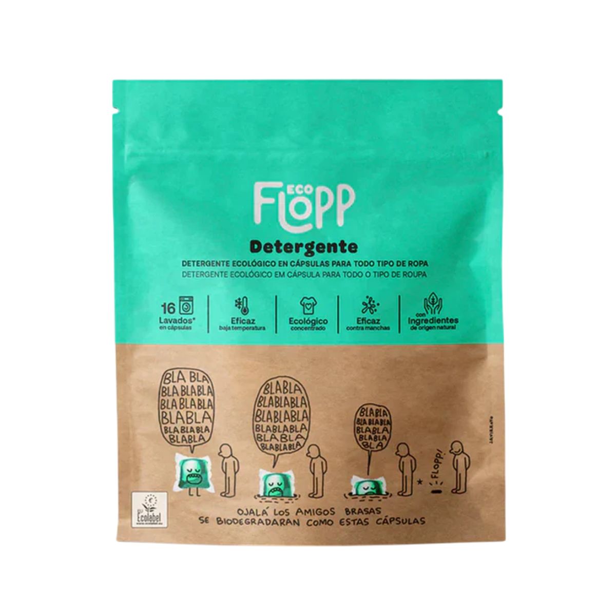 Embalagem de 2 x detergente para roupa ECO Flopp 16 cápsulas