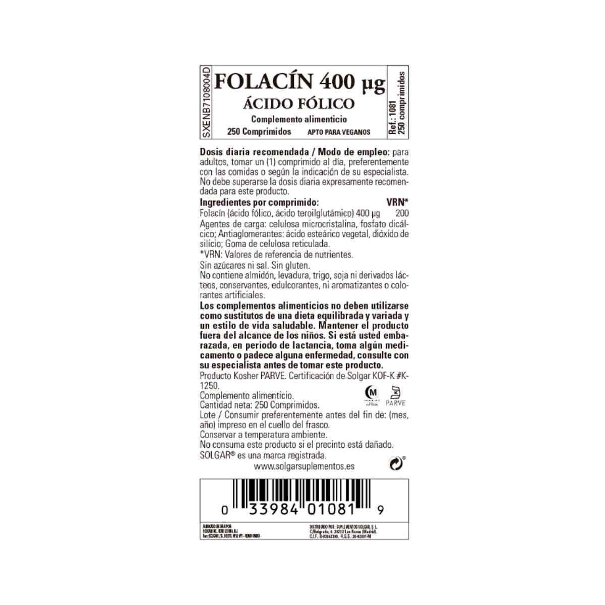 Folacin ácido fólico 250 cápsulas