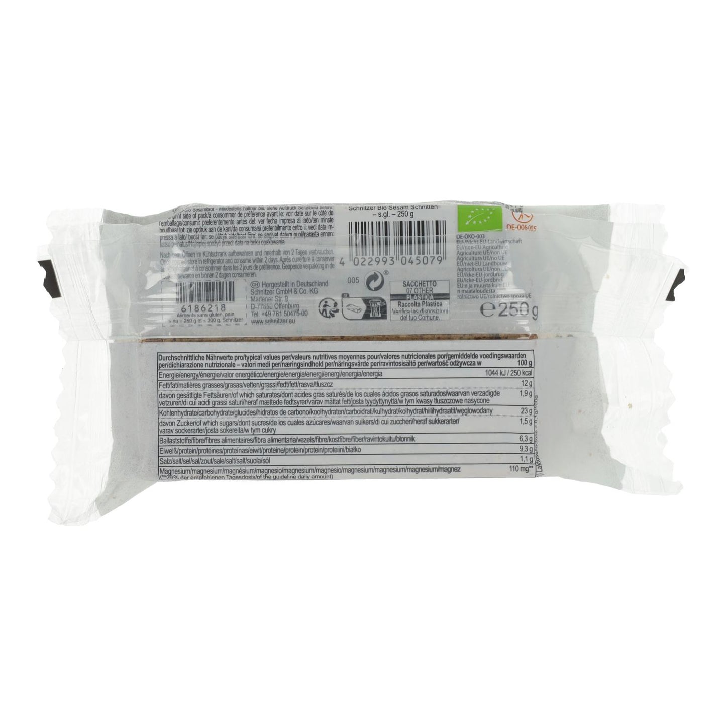 Pão de Fermento Natural de Sésamo e Trigo Sarraceno Biológico sem Glúten para Torrada Schnitzer 250g