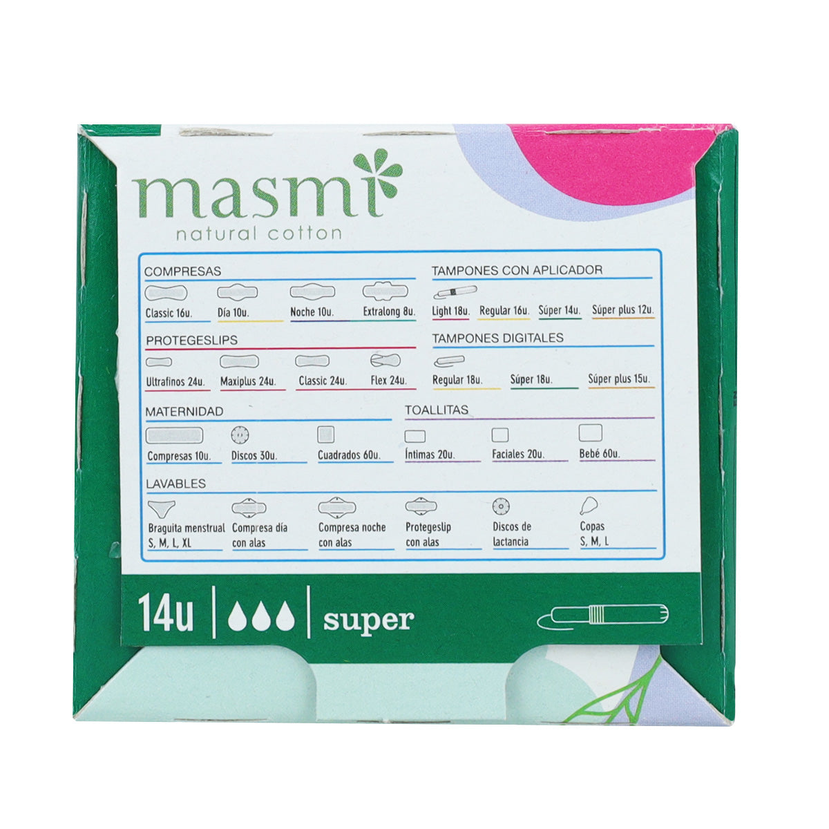 Tampão Masmi Eco Cotton Super com aplicador, 14 unidades