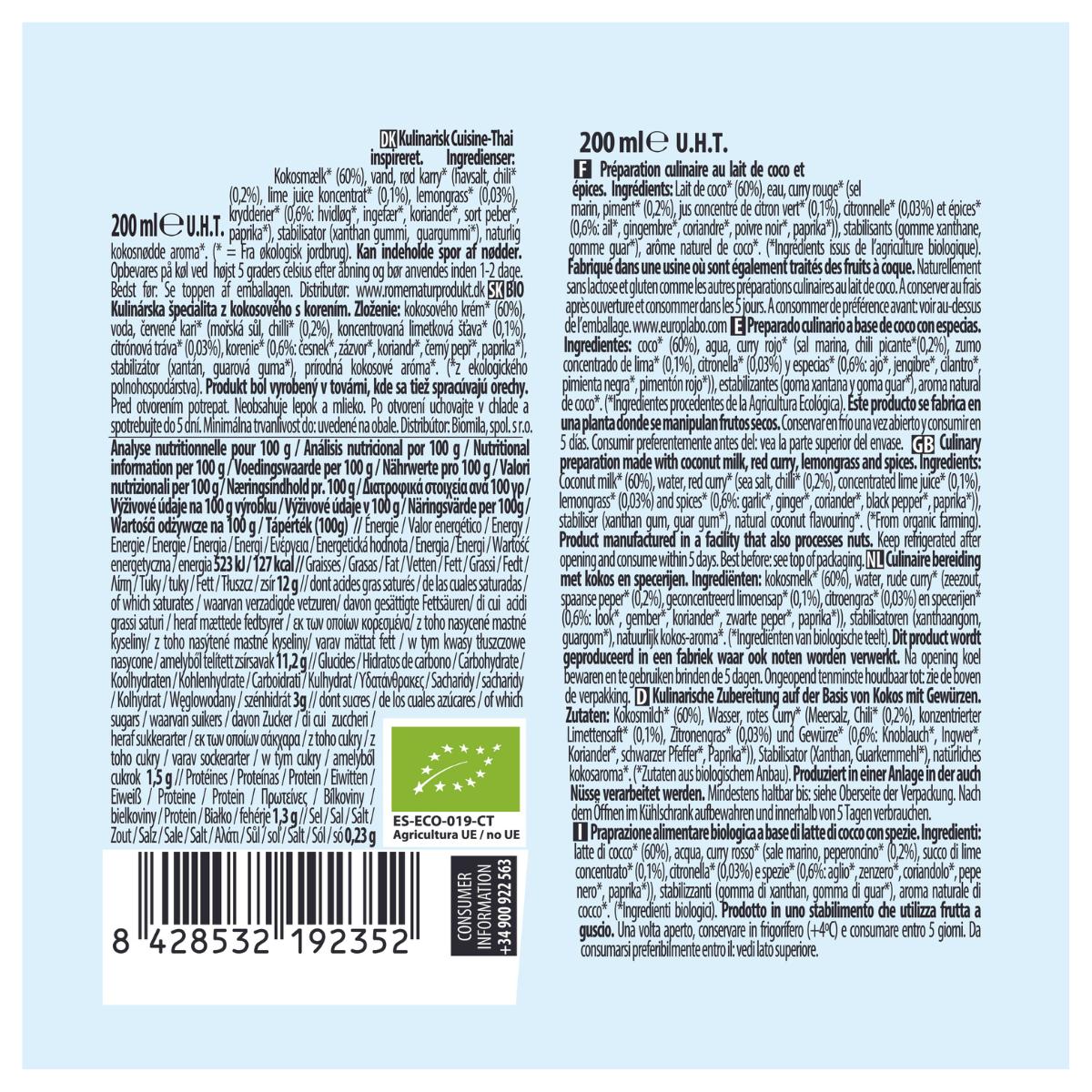 Creme Vegetal Ecomil Coco Thai Organic Cuisine, 200 ml