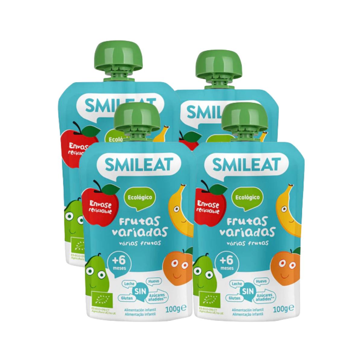 Embalagem com 4x ECO Pouche diversas frutas Smileat, 100g